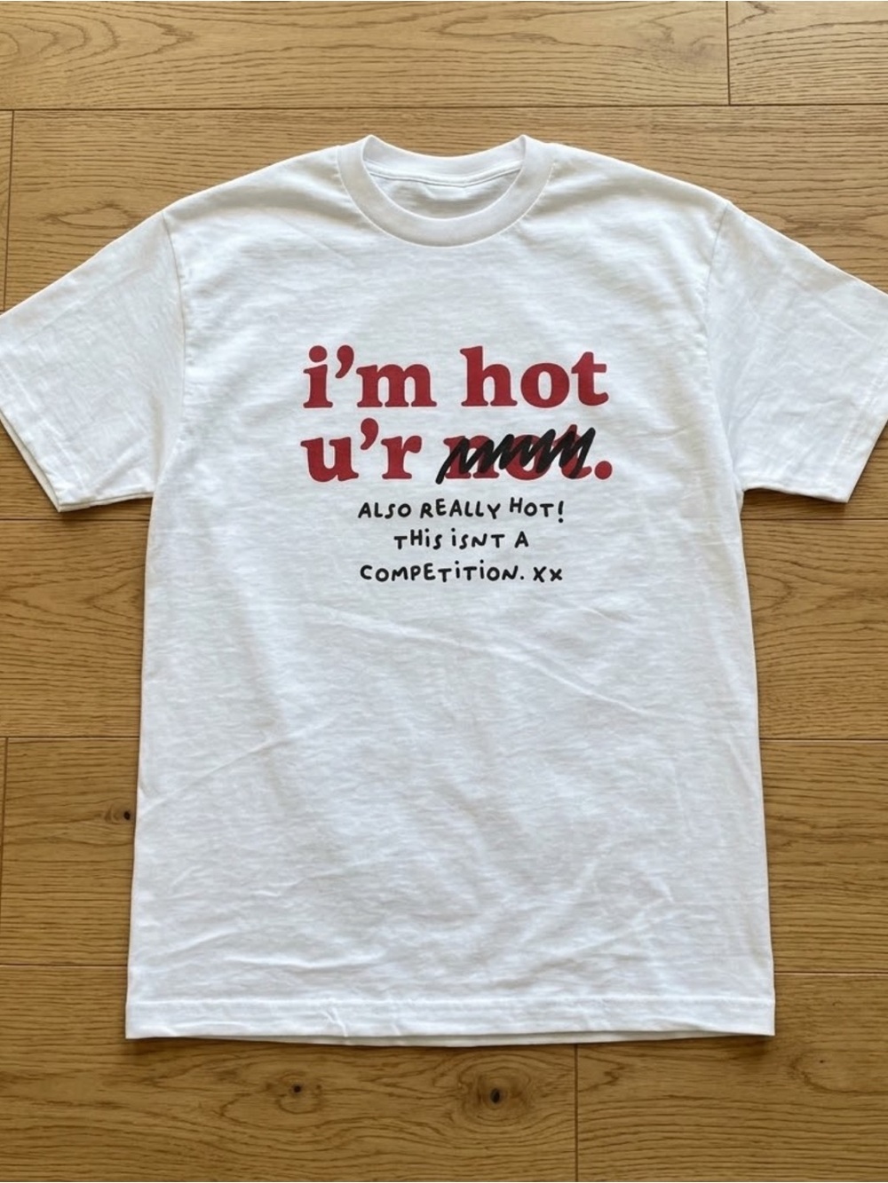 Gildan White Tee with Red Script Slogan